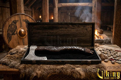forged steel Viking axe with detailed wolf carving
