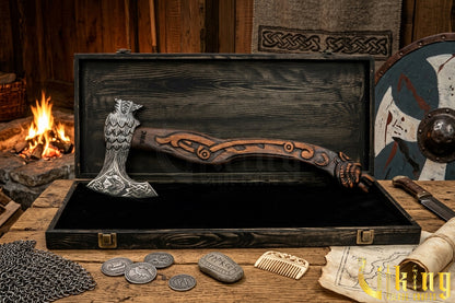 Hand Forged Viking Axe Carved Wolf Handle With Gift Wooden Box