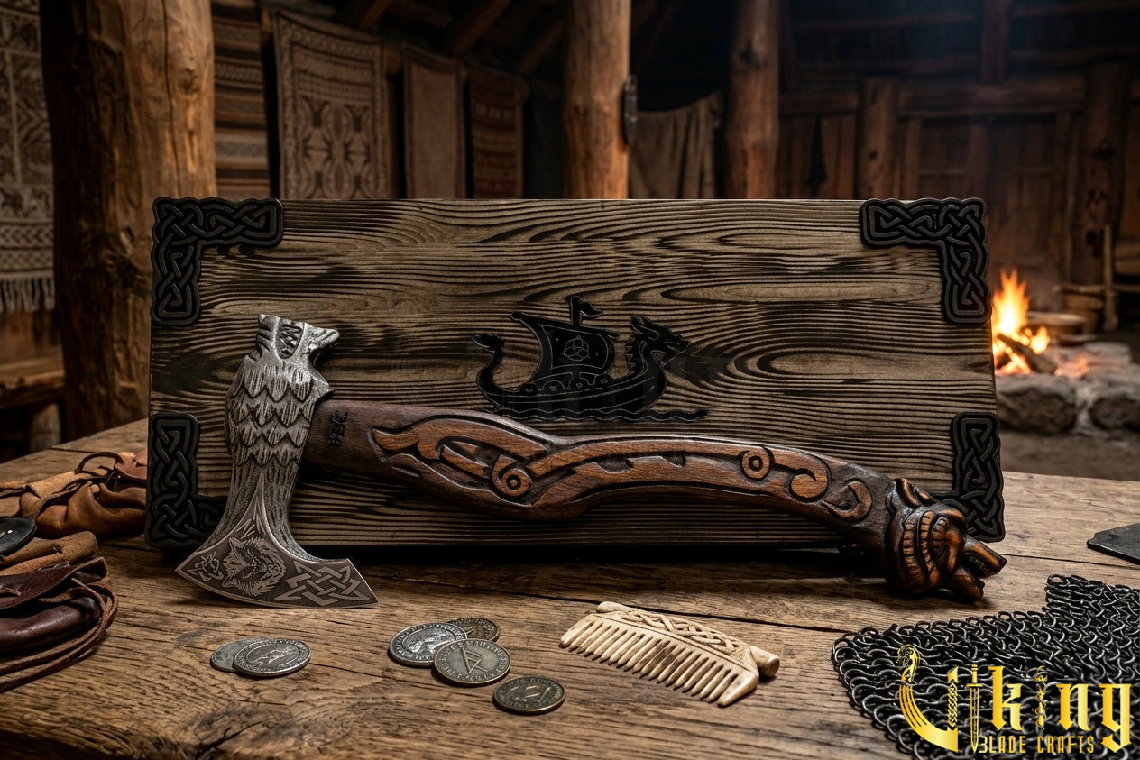 Hand Forged Viking Axe Carved Wolf Handle With Gift Wooden Box