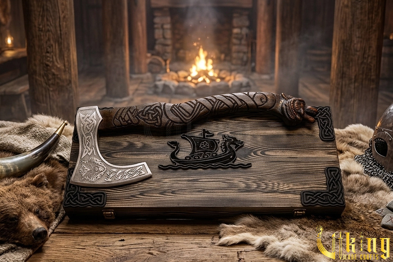 Norse Fenrir axe with custom carved wooden handle