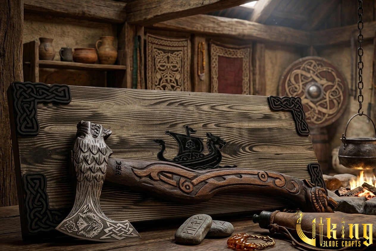 Hand Forged Viking Axe Carved Wolf Handle With Gift Wooden Box