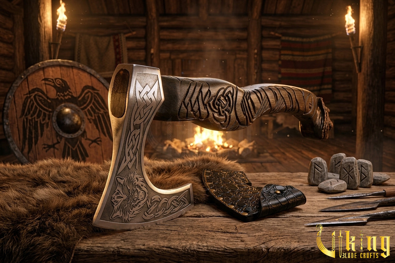 Viking wolf axe with leather sheath and carved grip
