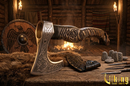 Viking wolf axe with leather sheath and carved grip