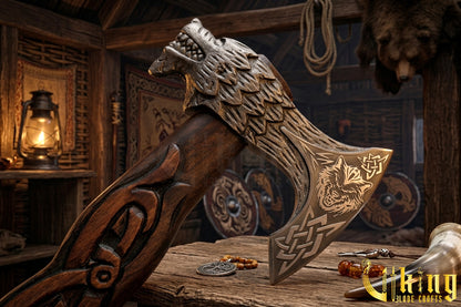 Hand Forged Viking Axe Carved Wolf Handle With Gift Wooden Box
