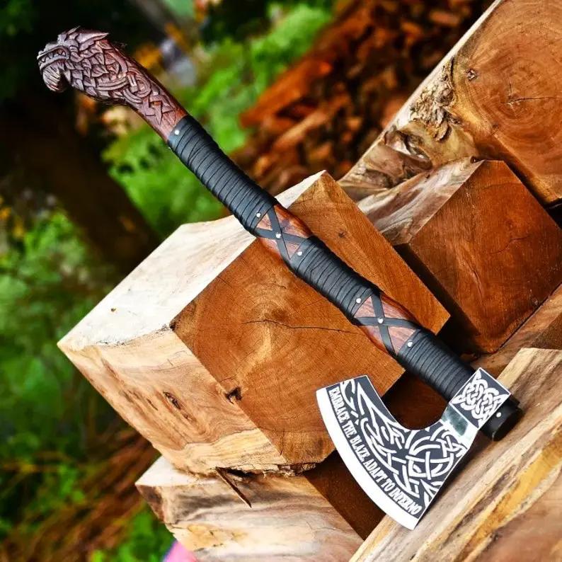 Engraved Norse Wolf Head Axe with Authentic Viking Shield Set Viking_Blade_Crafts