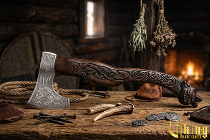 forged steel battle axe with detailed wolf head carving
