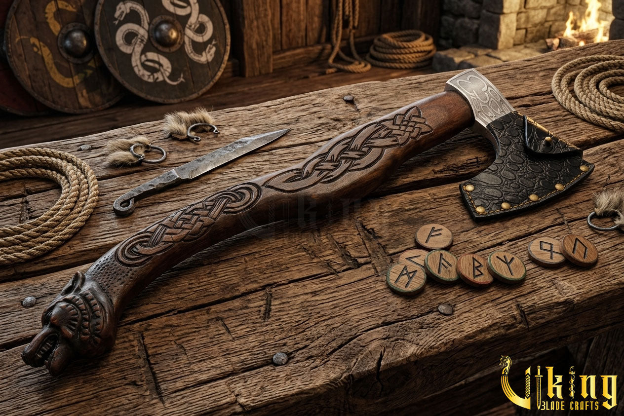 forged steel battle axe with detailed wolf head carving