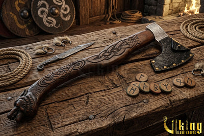 forged steel battle axe with detailed wolf head carving