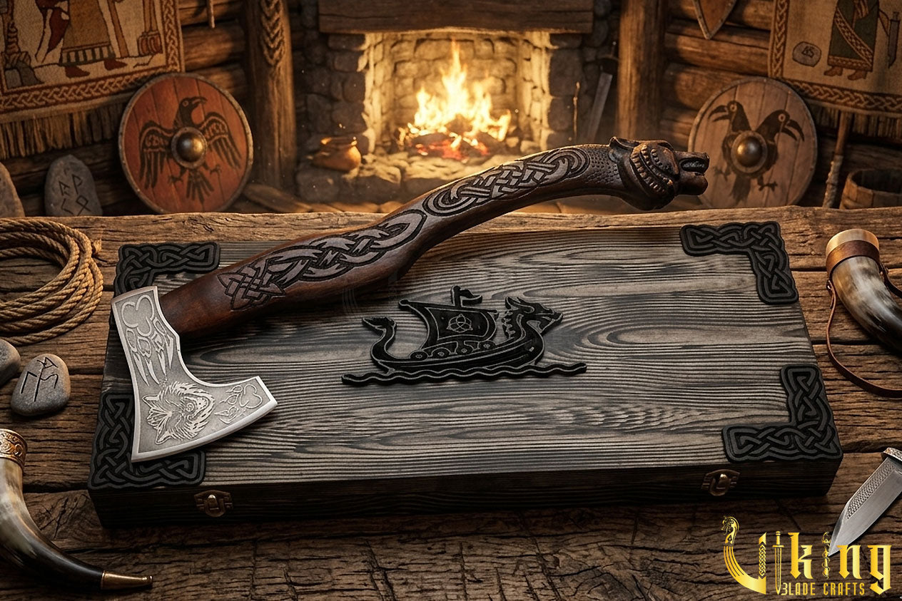 wolf carved Viking battle axe with wooden handle
