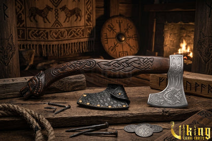 Norse wolf battle axe with handcrafted grip
