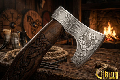 wolf carved Viking battle axe with wooden handle