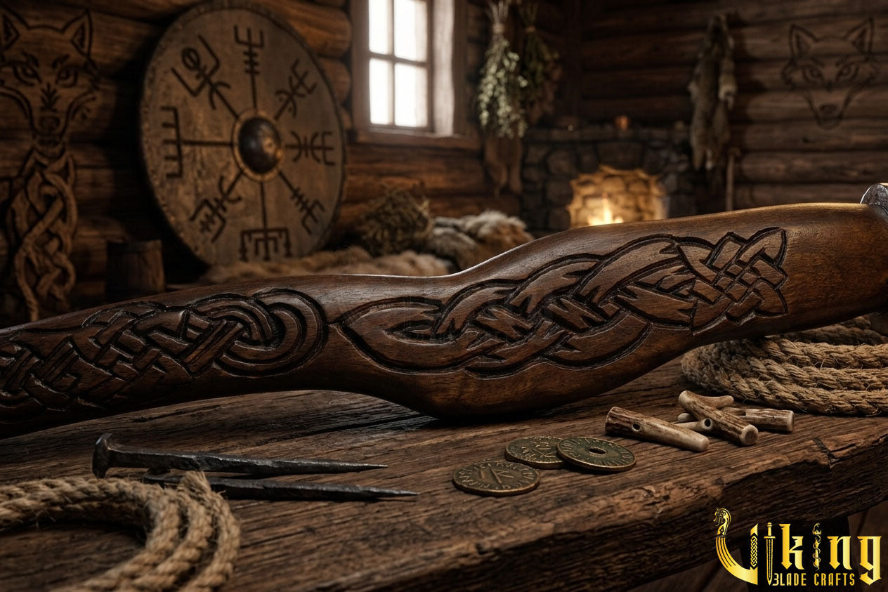 forged steel battle axe with detailed wolf head carving