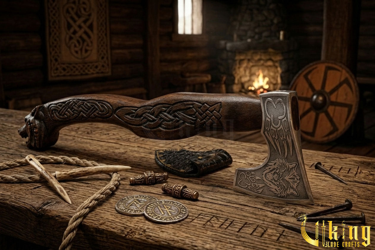 Viking battle axe with custom carved wood handle and sheath