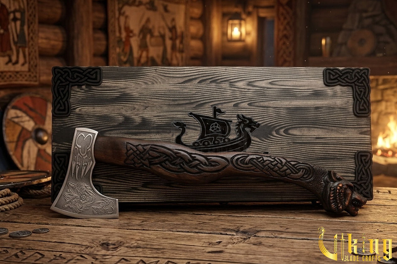 Viking battle axe with custom carved wood handle and sheath