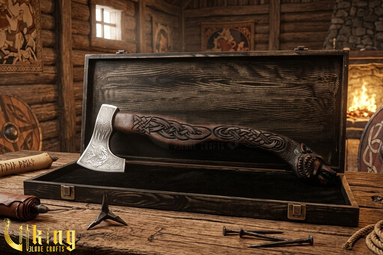 Norse wolf battle axe with handcrafted grip
