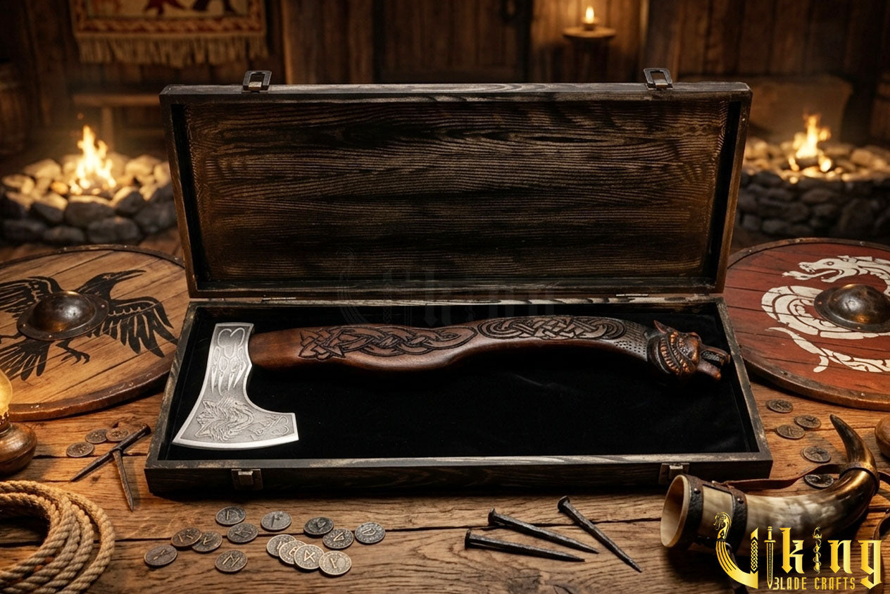 wolf carved Viking battle axe with wooden handle