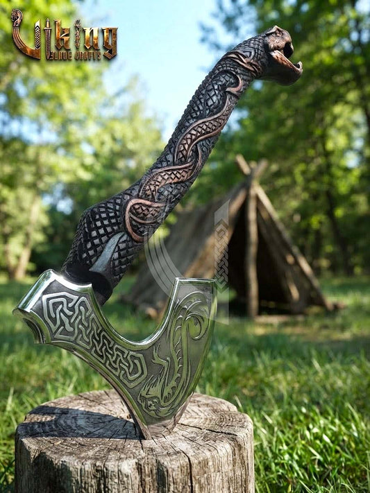 The World Serpent’s Wrath 23" Hand-Forged Norse Carved Serpent Axe
