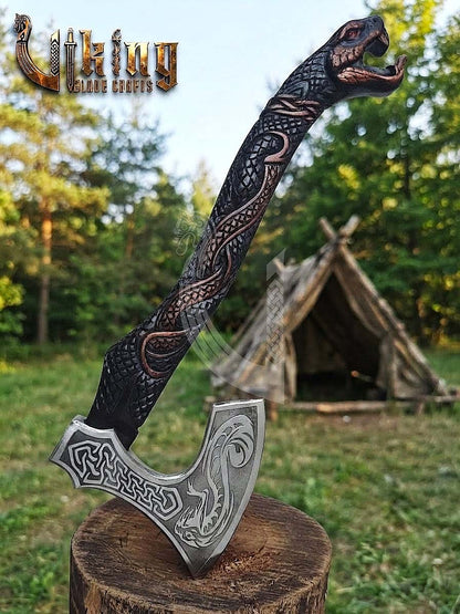The World Serpent’s Wrath 23" Hand-Forged Norse Carved Serpent Axe