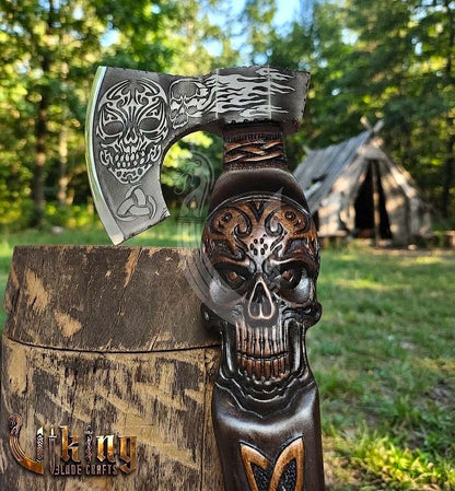 The Garmr’s Howl 23" Hand-Forged Skull Carved Rosewood Axe