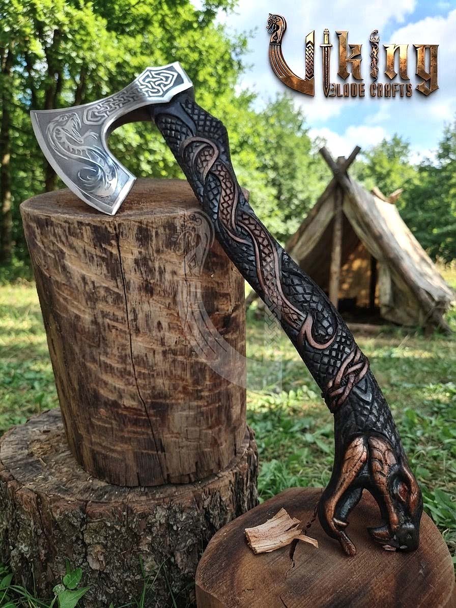The World Serpent’s Wrath 23" Hand-Forged Norse Carved Serpent Axe