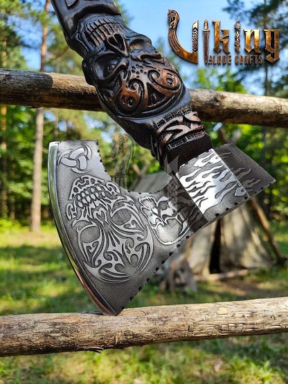 The Garmr’s Howl 23" Hand-Forged Skull Carved Rosewood Axe