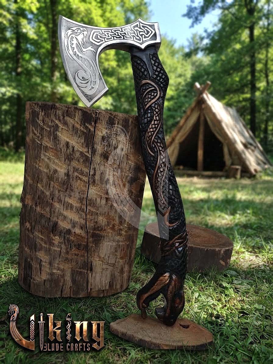The World Serpent’s Wrath 23" Hand-Forged Norse Carved Serpent Axe