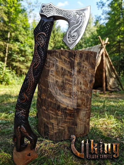 The World Serpent’s Wrath 23" Hand-Forged Norse Carved Serpent Axe