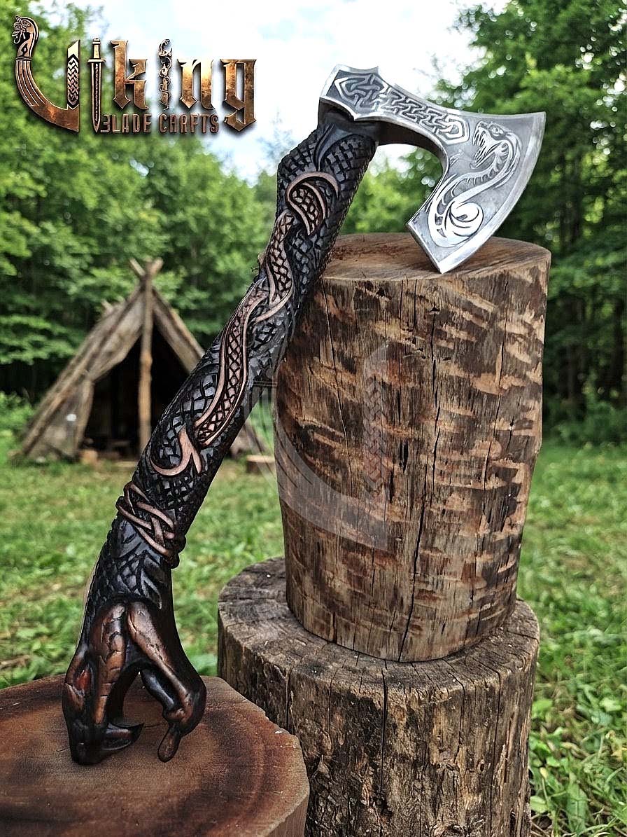 The World Serpent’s Wrath 23" Hand-Forged Norse Carved Serpent Axe