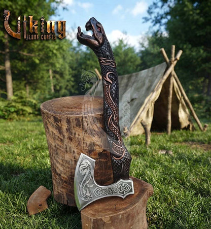 The World Serpent’s Wrath 23" Hand-Forged Norse Carved Serpent Axe