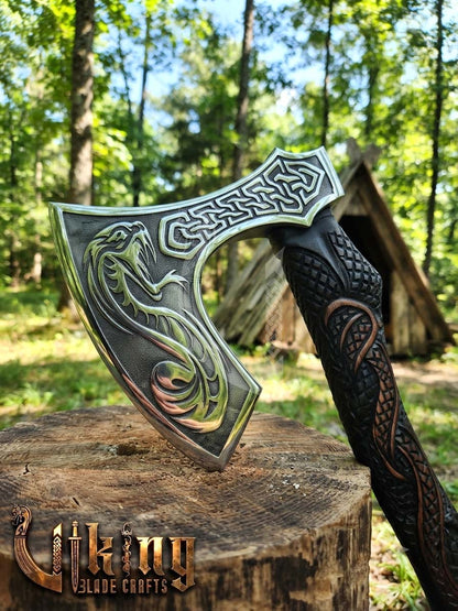 The World Serpent’s Wrath 23" Hand-Forged Norse Carved Serpent Axe