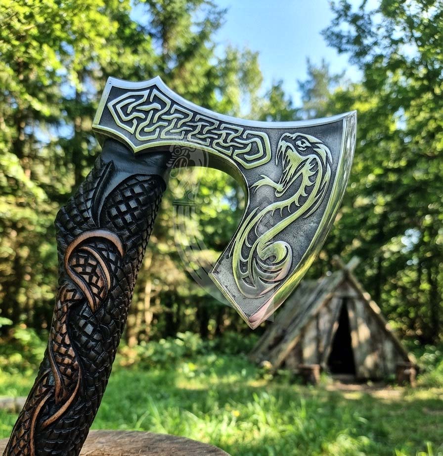 The World Serpent’s Wrath 23" Hand-Forged Norse Carved Serpent Axe