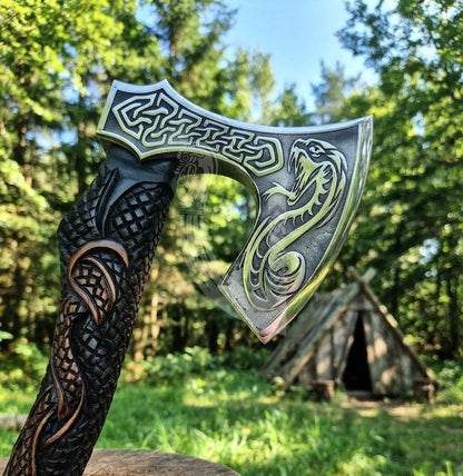 The World Serpent’s Wrath 23" Hand-Forged Norse Carved Serpent Axe