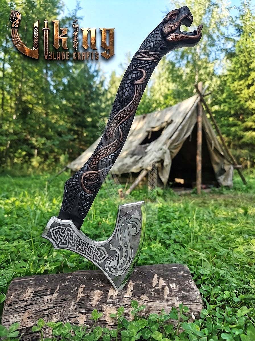 The World Serpent’s Wrath 23" Hand-Forged Norse Carved Serpent Axe