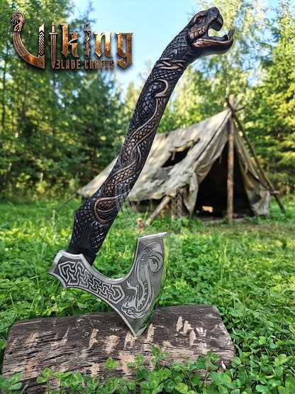 The World Serpent’s Wrath 23" Hand-Forged Norse Carved Serpent Axe