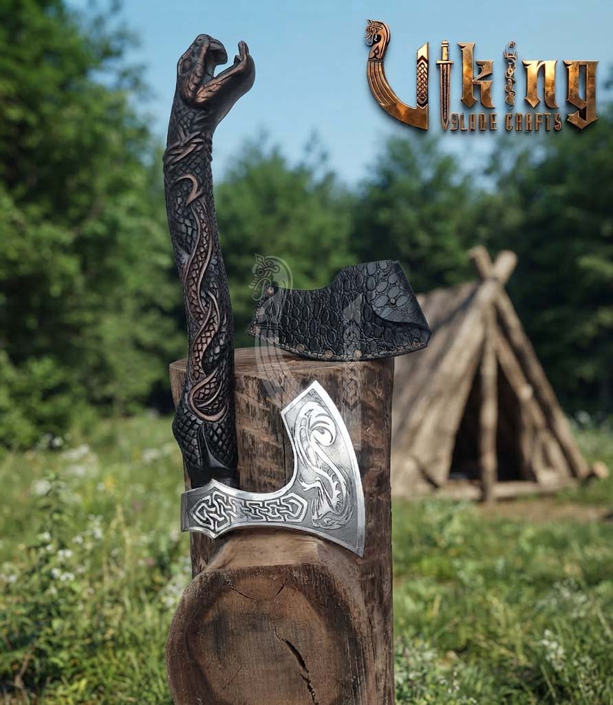 The World Serpent’s Wrath 23" Hand-Forged Norse Carved Serpent Axe