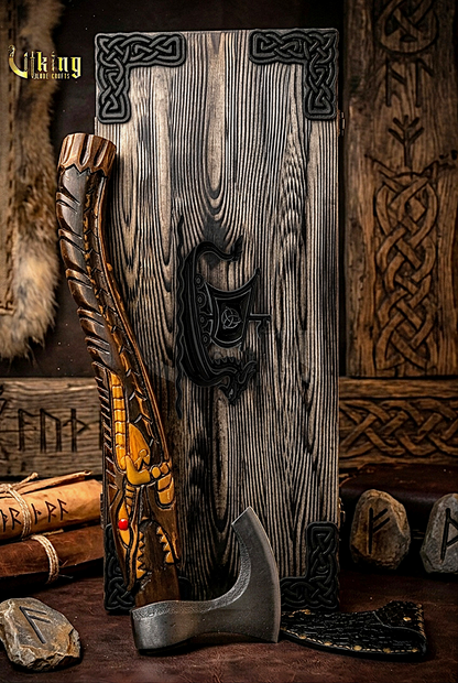 artisan Viking axe with carved alligator handle and leather sheath