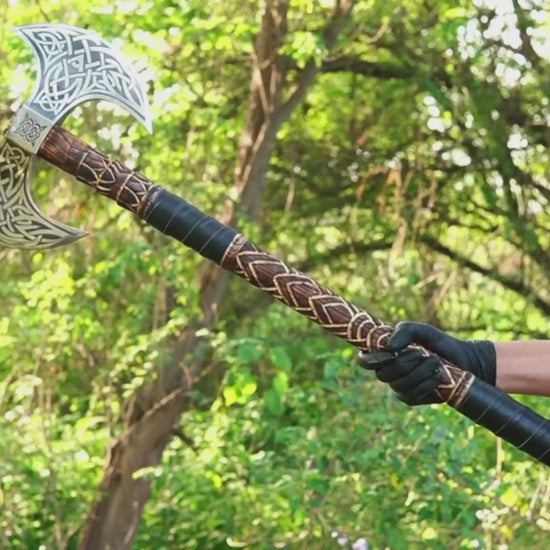 Custom Hand-Carved Forged Double Head Viking Axe & Leather Sheath -Viking Blade Crafts