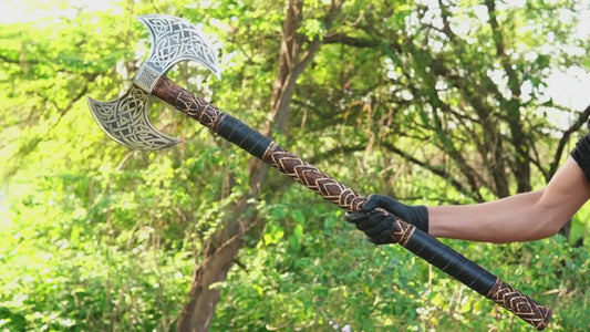 Custom Hand-Carved Double Head Viking Axe & Leather Sheath
