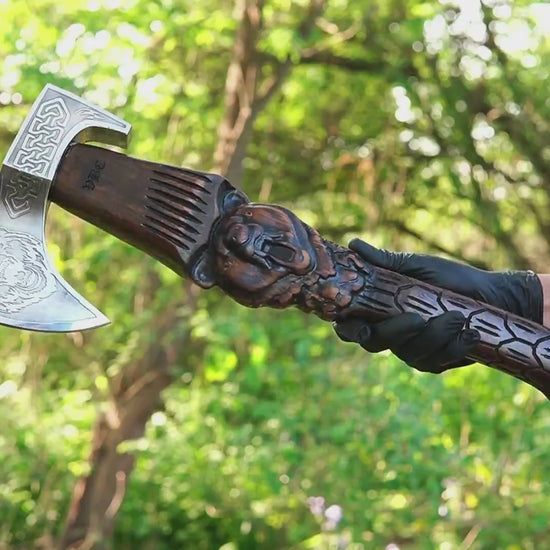 Viking bear axe with hand carved handle and forged steel blade Bjorn