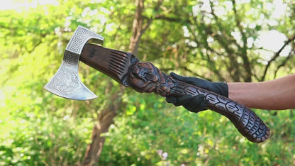 Viking bear axe with hand carved handle and forged steel blade Bjorn