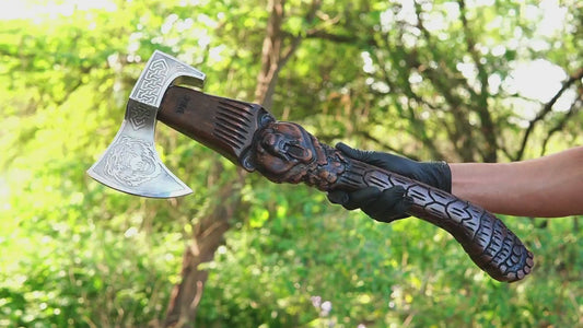 Hand-Forged Viking Bear Axe | Custom Carved Bjǫrn Rosewood Handle