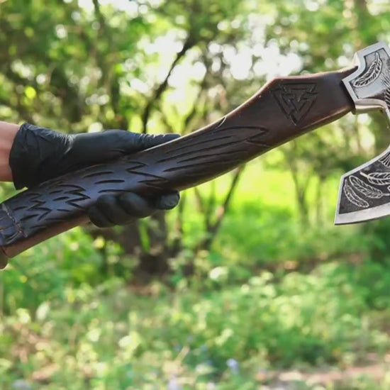 Odin Viking axe with raven Valknut handle and forged steel blade
