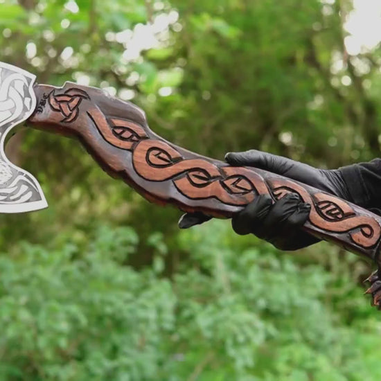 Geit Norse axe with hand carved goat totem handle and forged steel blade
