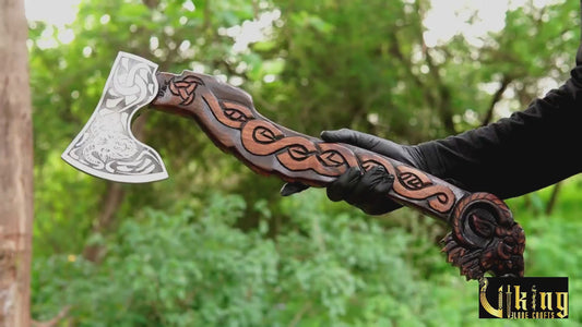 Thor’s Geit Viking Axe | Goat Totem Carving | Hand-Forged Steel | Wooden Gift Box