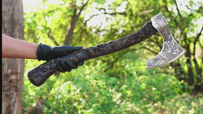 wildlife Viking axe with hand carved handle and forged steel blade