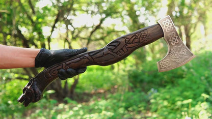 hand carved Viking axe with wolf head handle and forged steel blade