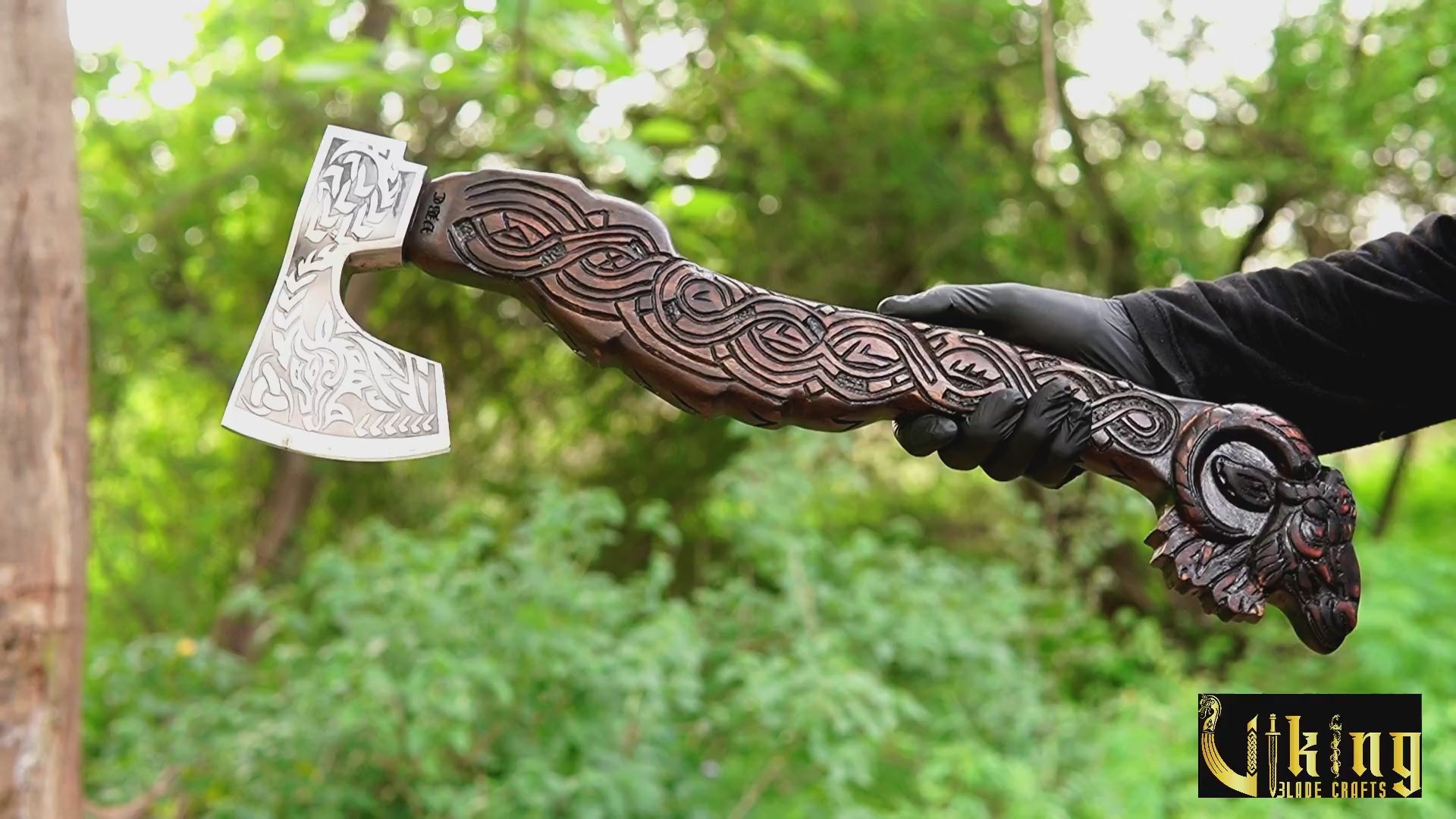 hand carved Viking goat axe with geit handle and forged steel blade