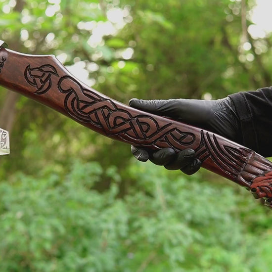 Raven Viking axe with hand carved handle and forged steel blade
