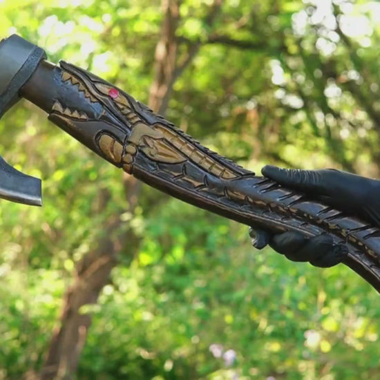 alligator Viking axe with hand carved handle and forged steel blade