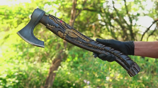 Personalized Hand-Carved Alligator Handle Ancient Theme Axe - Hand-Forged Axe